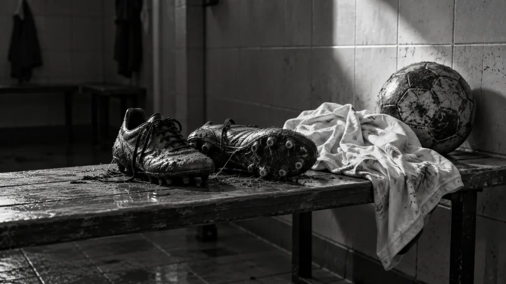 Black-and-white photograph of muddy soccer cleats, a jersey and a ball on a locker-room bench.