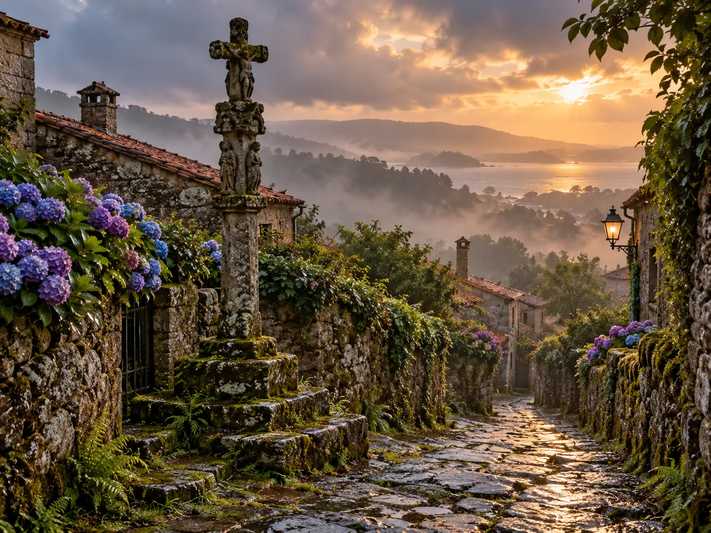 Traditional stone cruceiro in Galicia, Spain