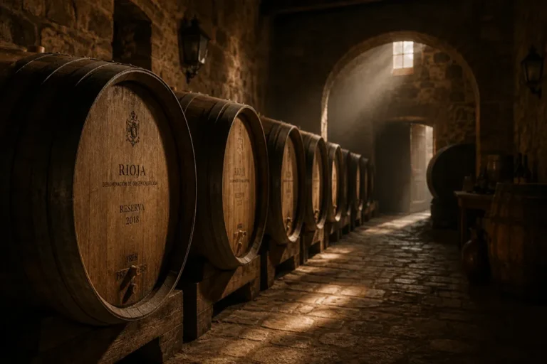Barricas de vino en una bodega tradicional