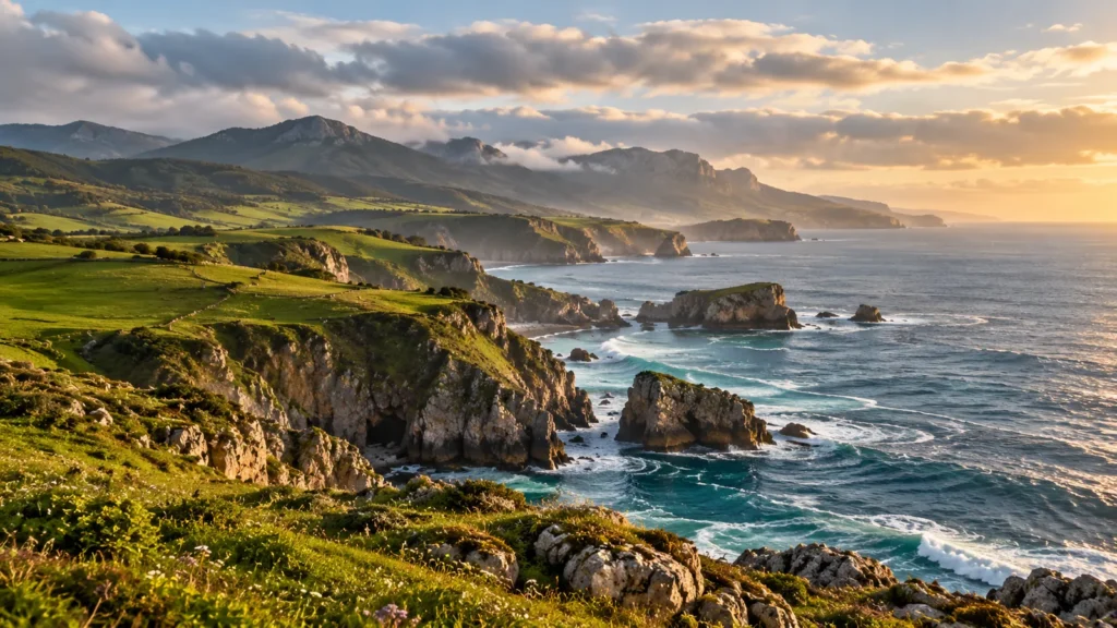 Olas del Atlántico bajo los acantilados verdes de Cantabria