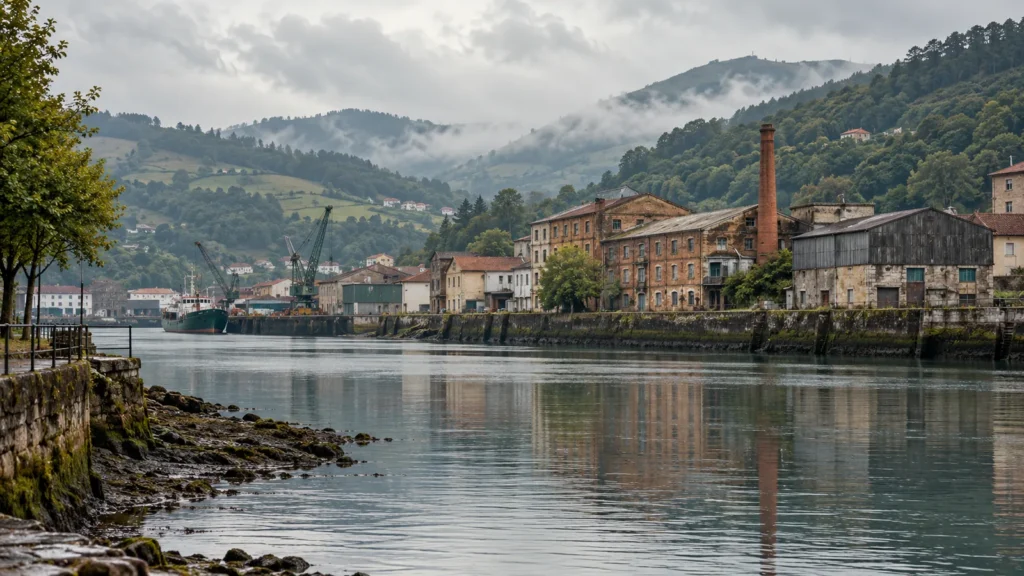 Ría tranquila con edificios industriales de ladrillo y colinas verdes