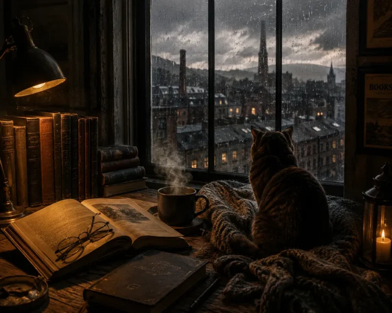Una taza y un gato en un ambiente tranquilo