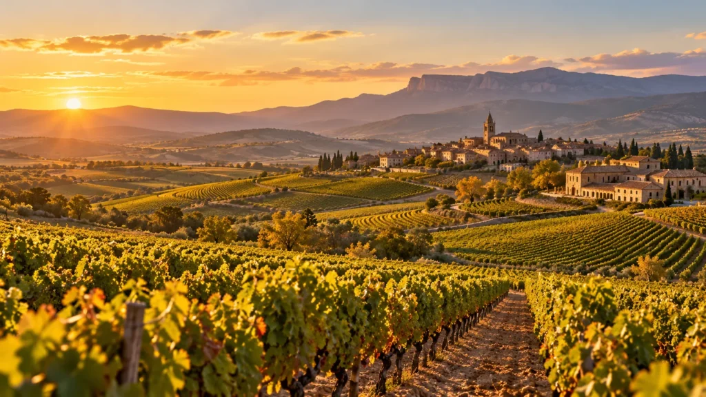 Viñedos y un pueblo en una colina de La Rioja al atardecer