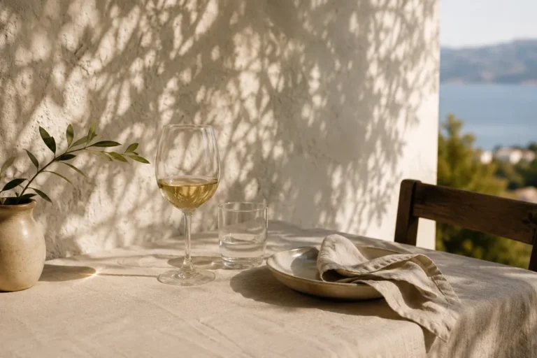 Vino tinto sobre una mesa cubierta con lino