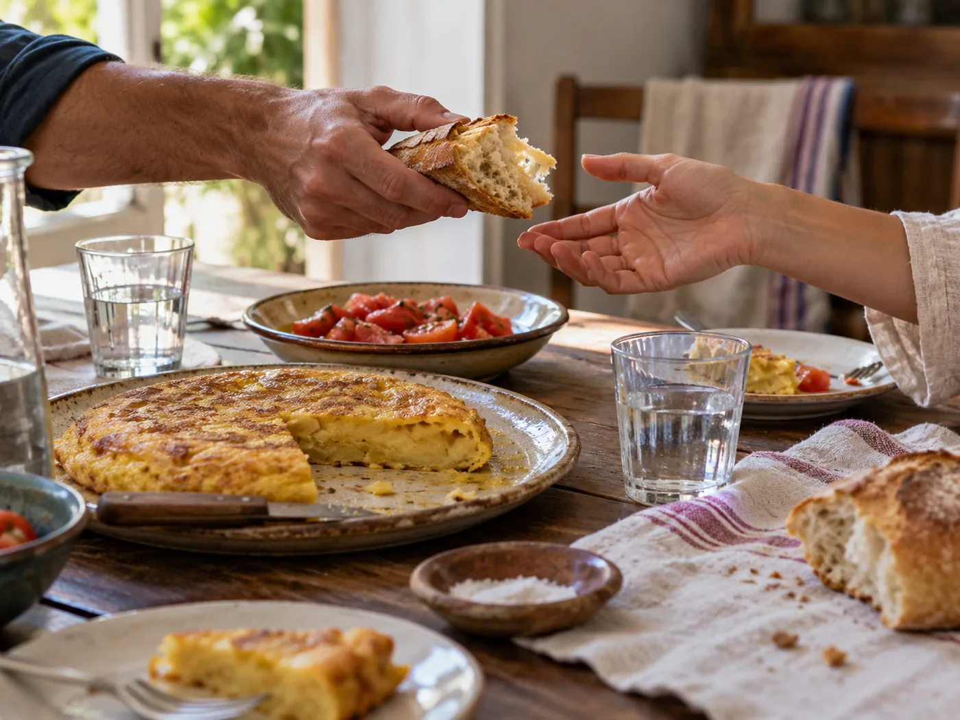 Two people pass bread across a table with Spanish potato tortilla and tomato salad.