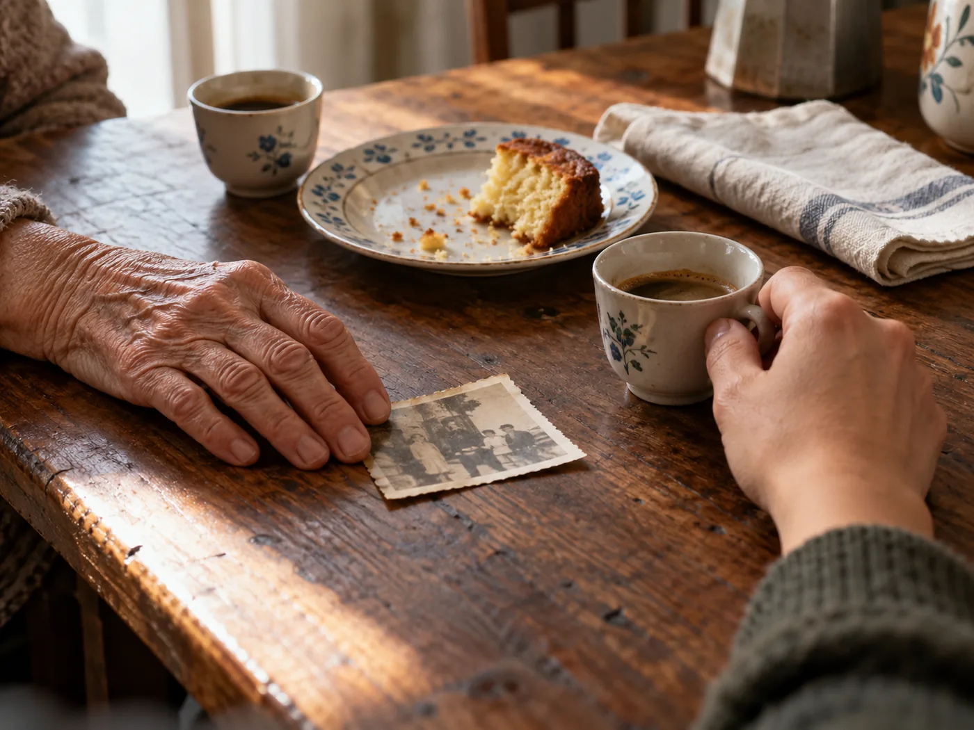 Two generations share coffee and memories beside an old family photograph.