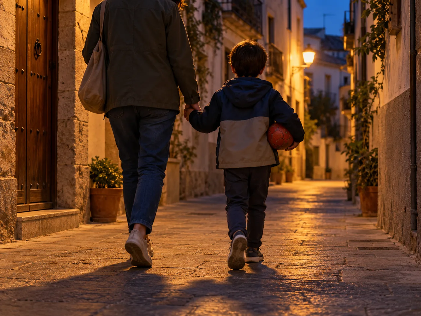 A child walks home holding an adult's hand, with a ball tucked under one arm.
