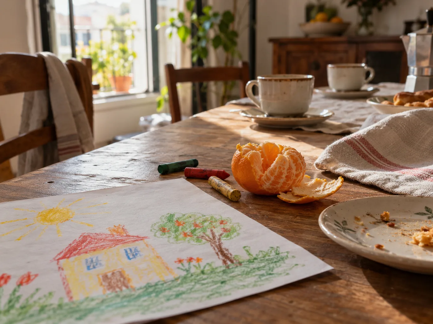 A child's drawing, crayons and a mandarin beside the coffee cups after lunch.