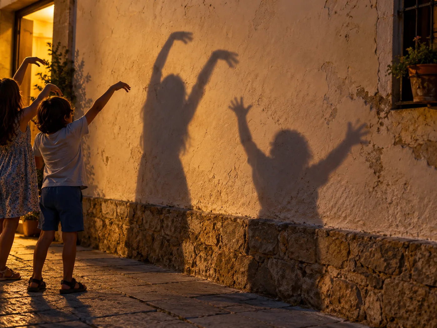 Two children turn their shadows on a warmly lit wall into an evening game.