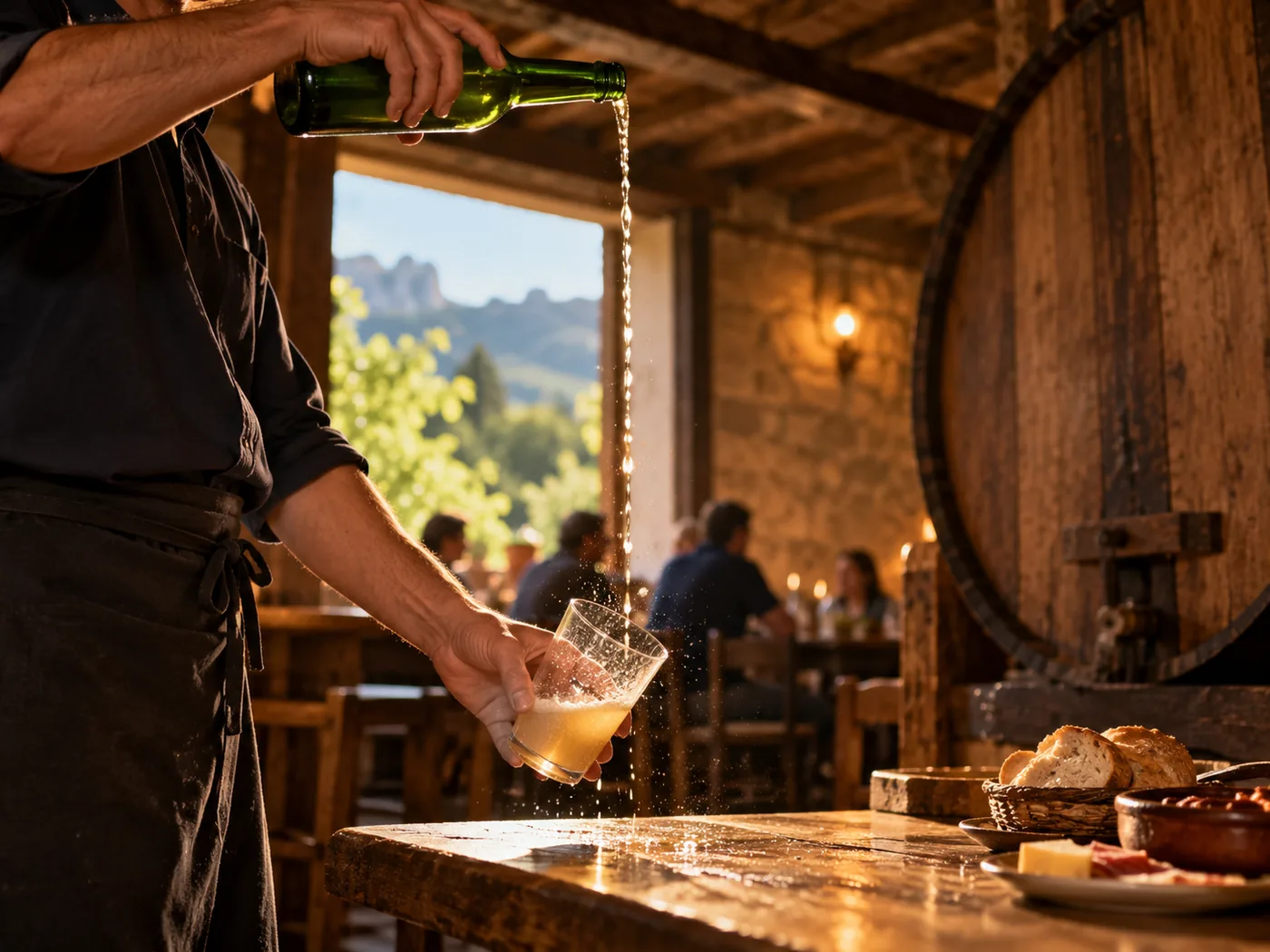 Sidra natural escanciada en una sidrería asturiana