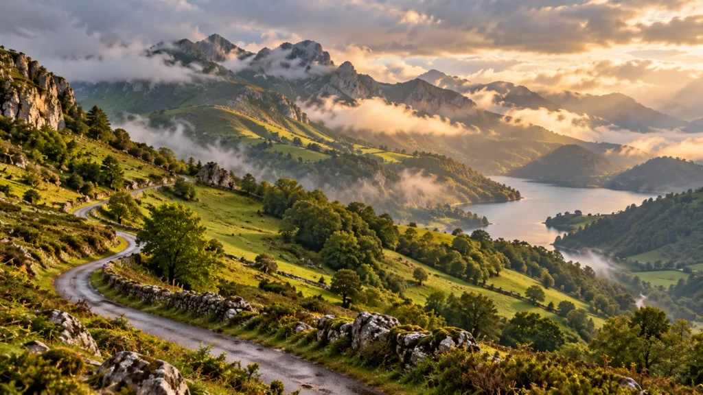 Green mountains and a lake beneath low clouds in Asturias.