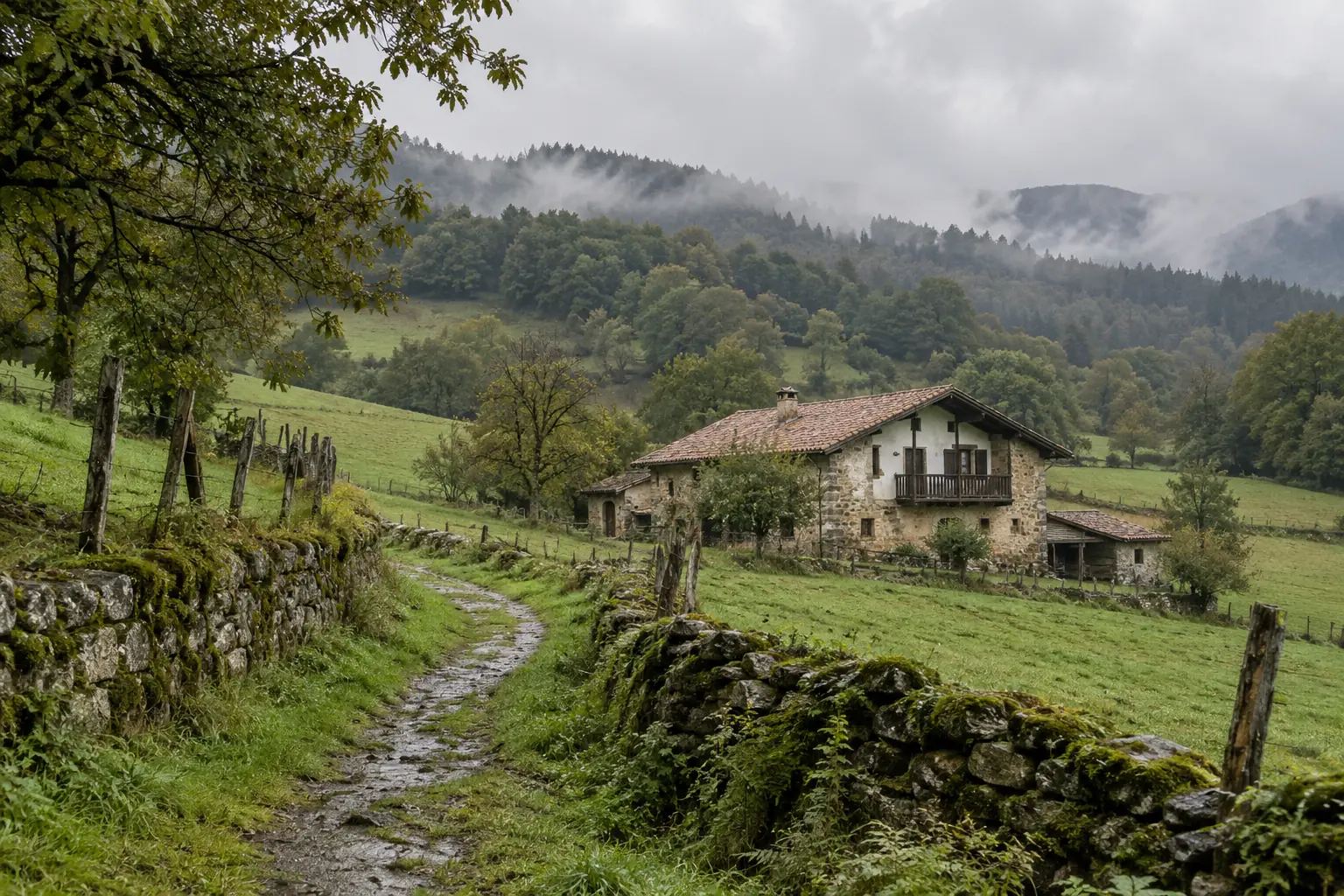 A stone caserío farmhouse surrounded by green meadows and wooded hills.