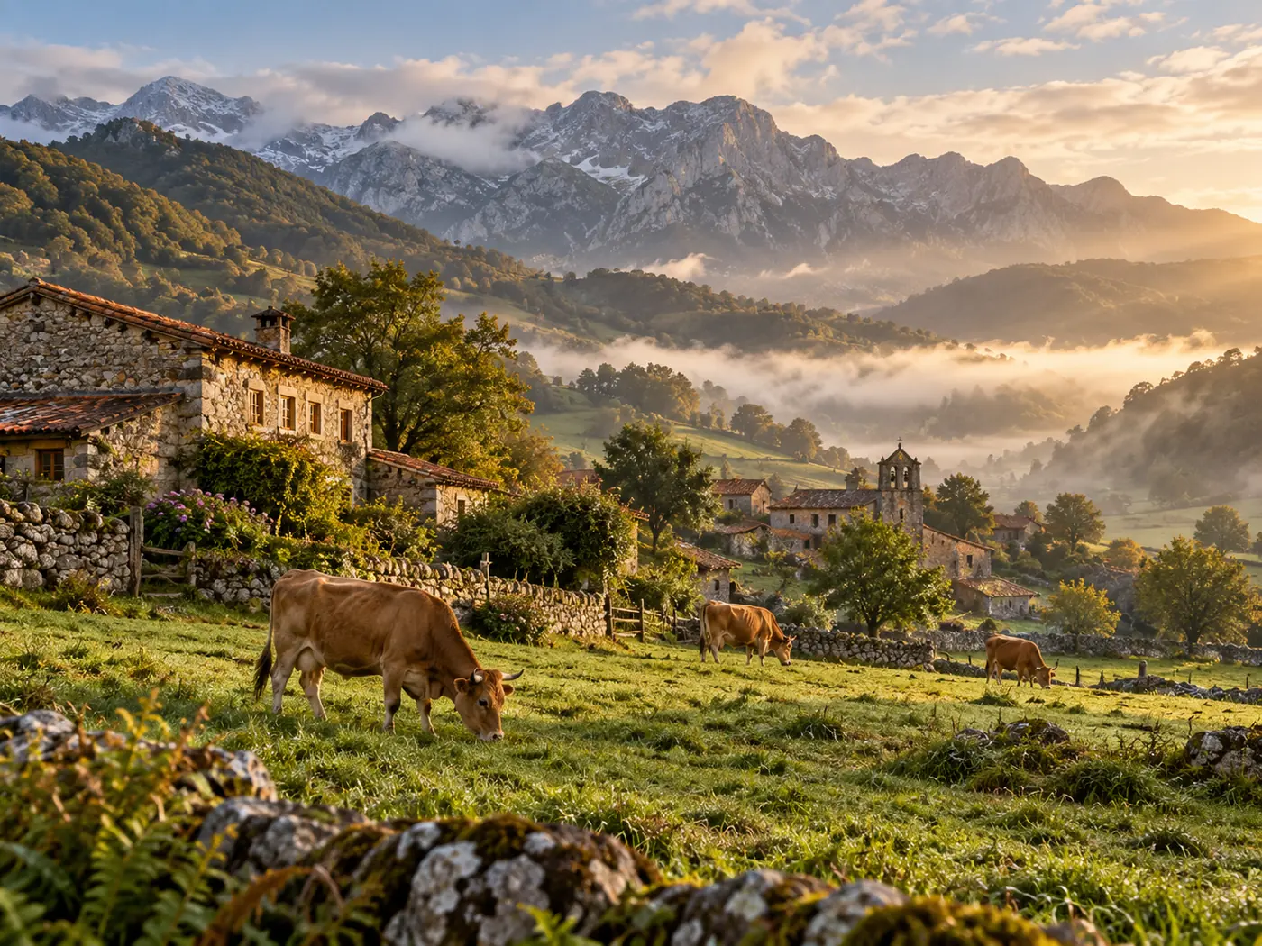 Pueblo de piedra entre prados y montañas de Cantabria