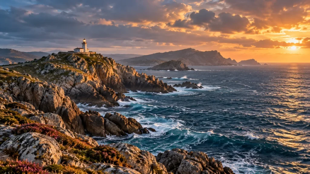 Rocky Atlantic coastline in Galicia at sunset.