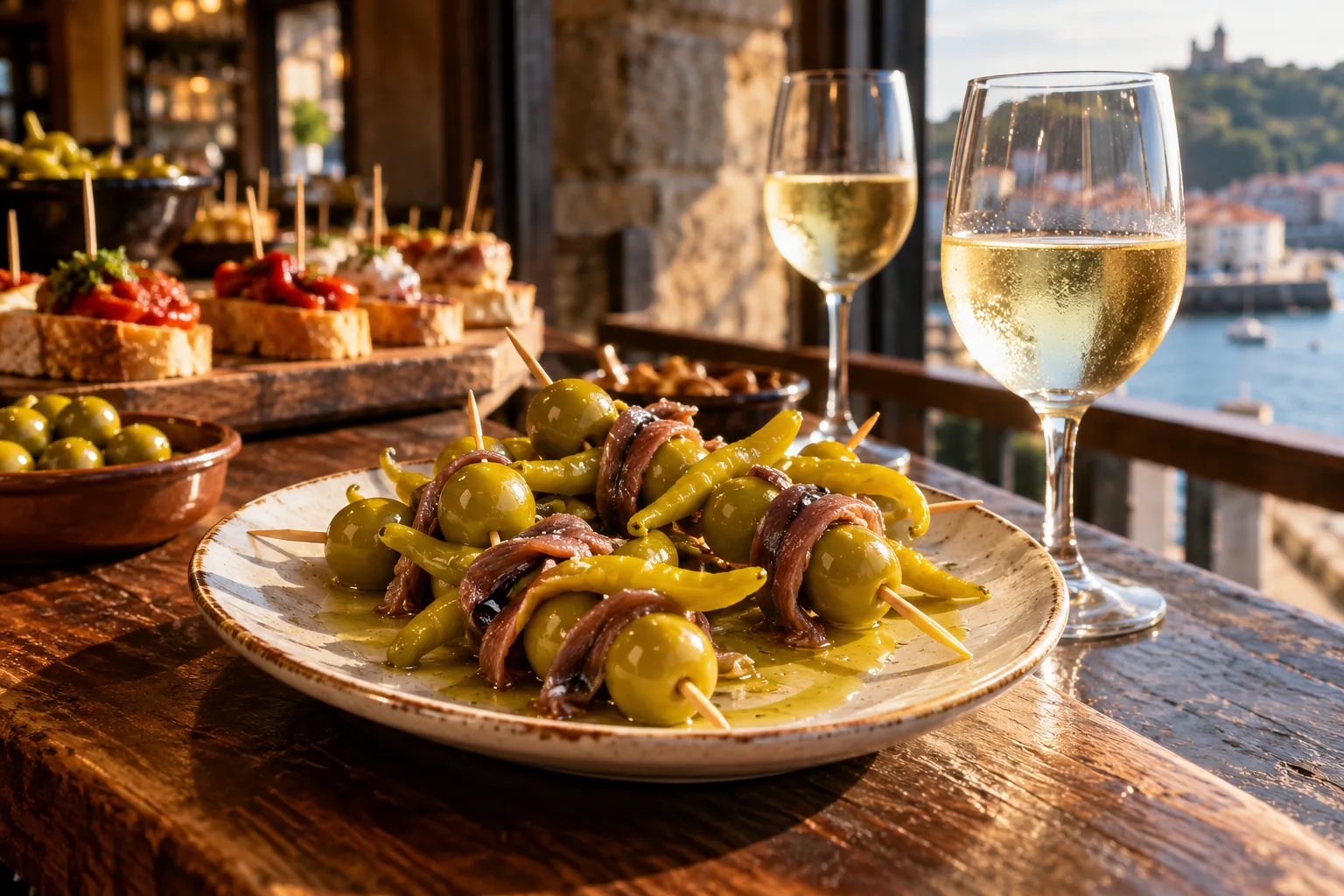 Traditional Basque gilda pintxos served with glasses of txakoli wine.