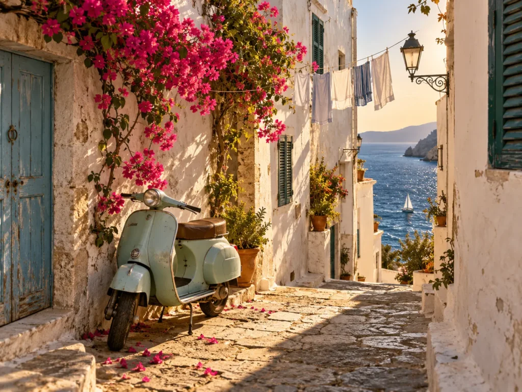 Vintage scooter in a sunlit Mediterranean alley overlooking the sea