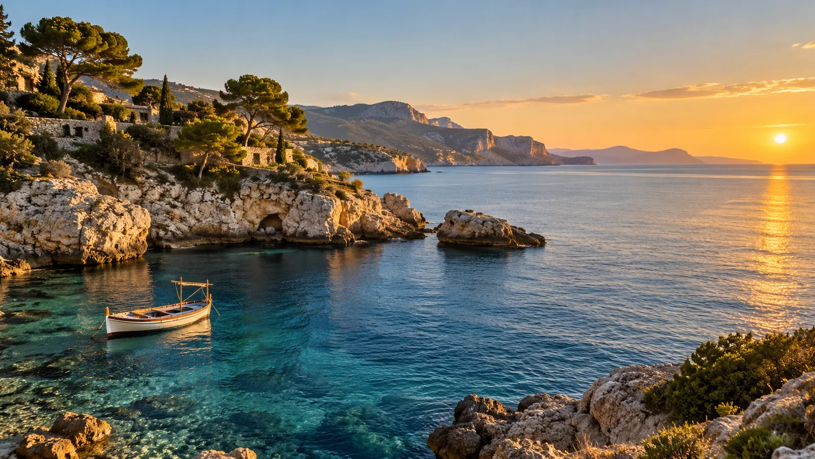A sheltered Mediterranean cove with clear water and a small wooden boat