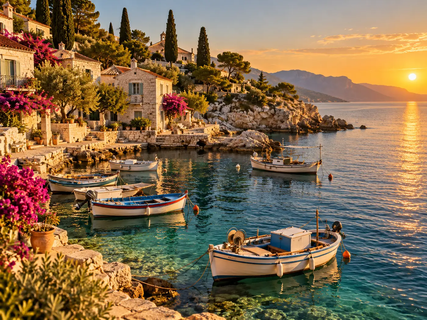 Small boats in a sunlit Mediterranean harbor.