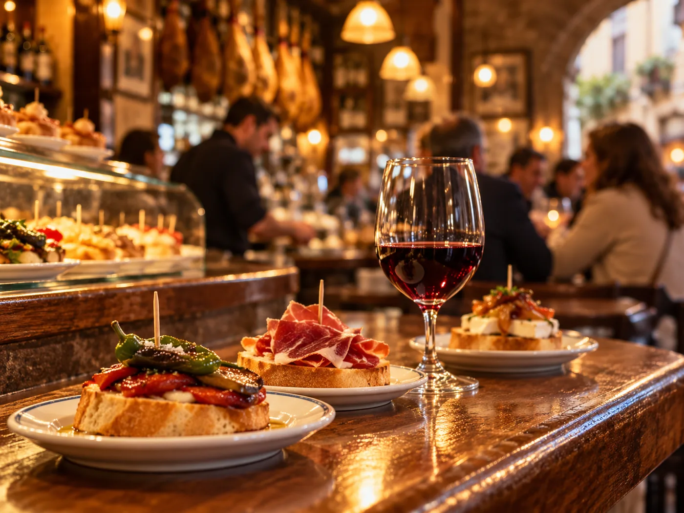 Pinchos y vino en una barra de La Rioja