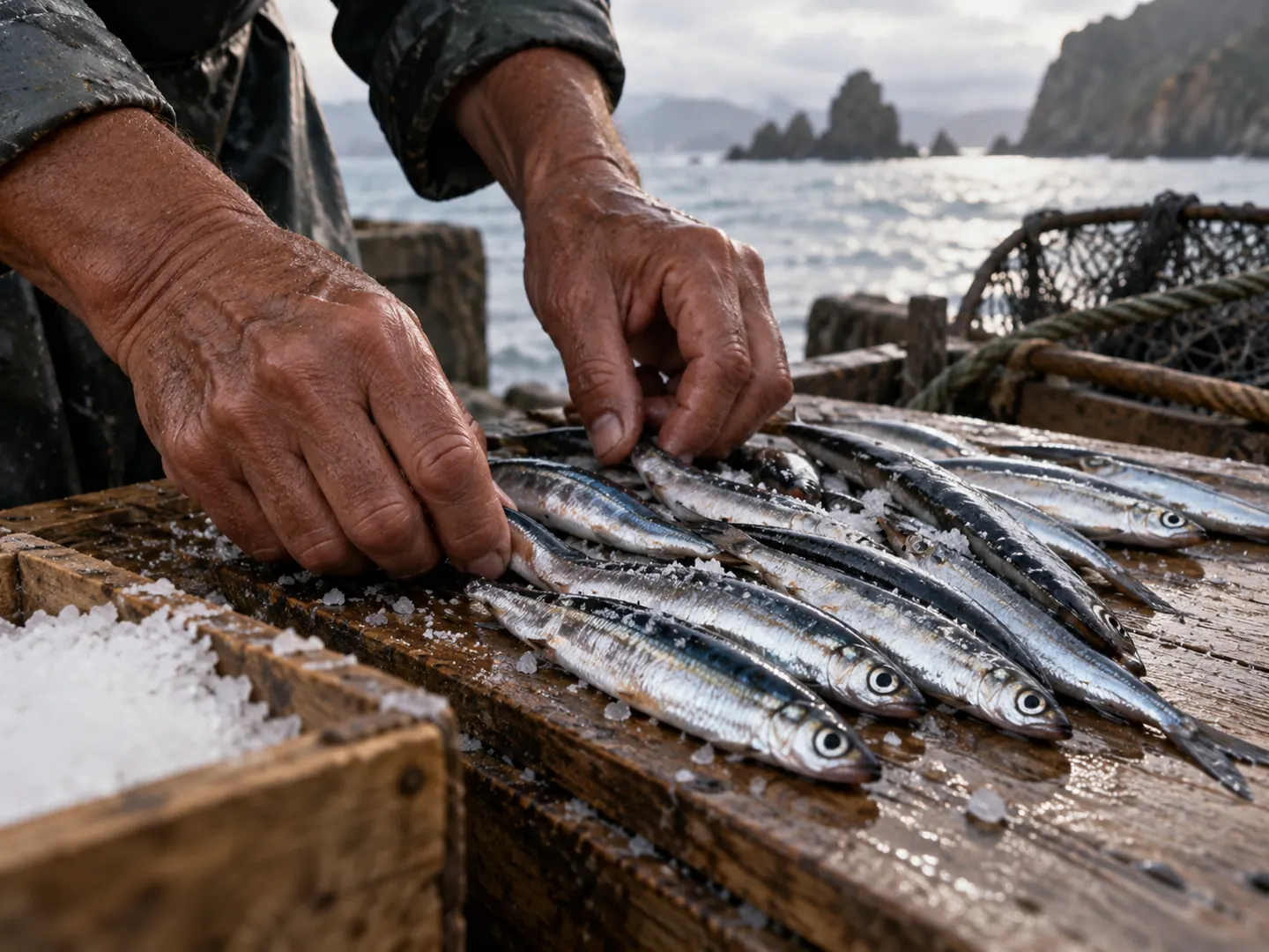 Manos preparando anchoas con sal junto a la costa cantábrica