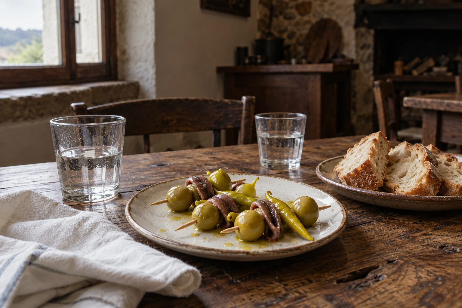 Gildas con aceitunas, guindillas y anchoas sobre una mesa de roble.