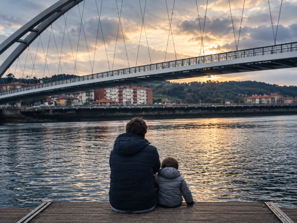 A father and his son beside the Bilbao estuary, seen from behind