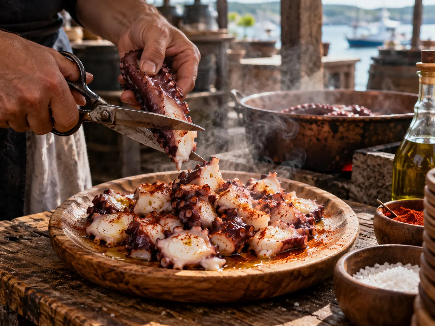 Hands cutting cooked octopus with scissors onto a wooden plate