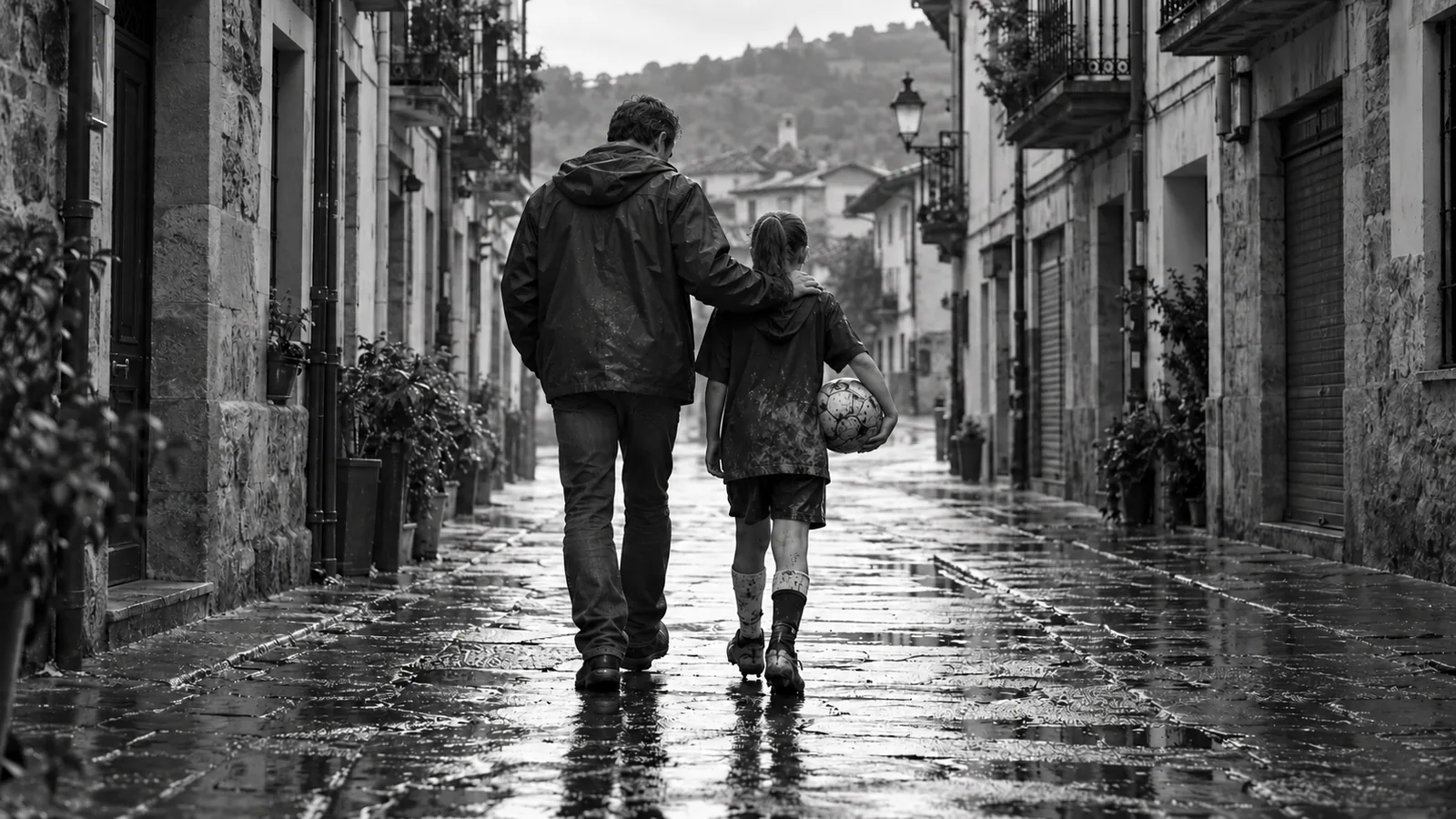 Black-and-white image of a father and daughter walking home along a wet street, the girl carrying a soccer ball.